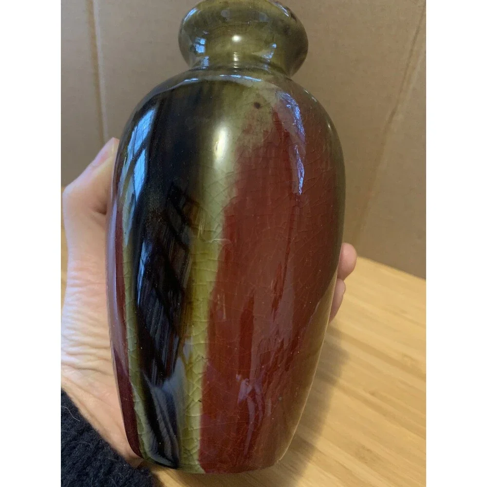 Art Pottery Flower Vase Crackle Glaze Moss Green Wine Red Brown 5.75” Small